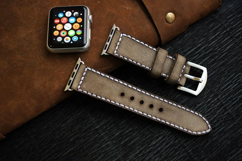 AWBF04-D3 WHITE handgefertigt Vintage Leder Uhrenarmband incl. Lugs Adapter für Apple Watch 1 und 2 (oder Apple Watch Sport) 42mm oder 38mm
